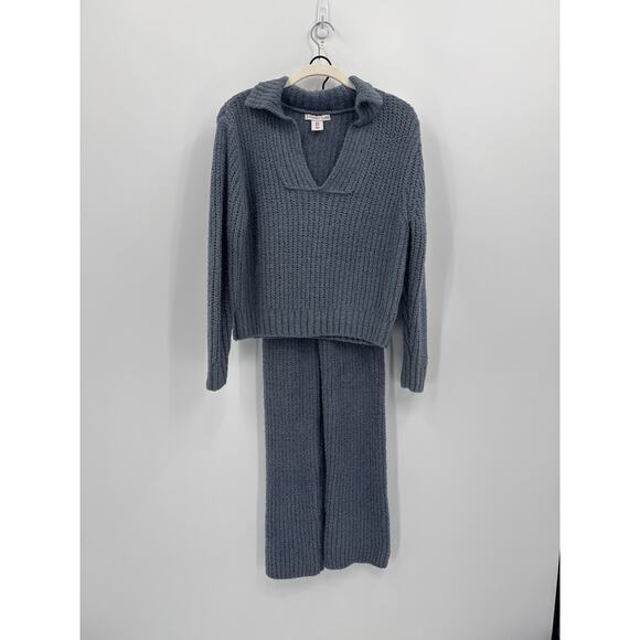Sincerly Jules Other - Sincerly Jules Fuzzy Knit Lounge Set Collared Sweater Pants Blue Size Small